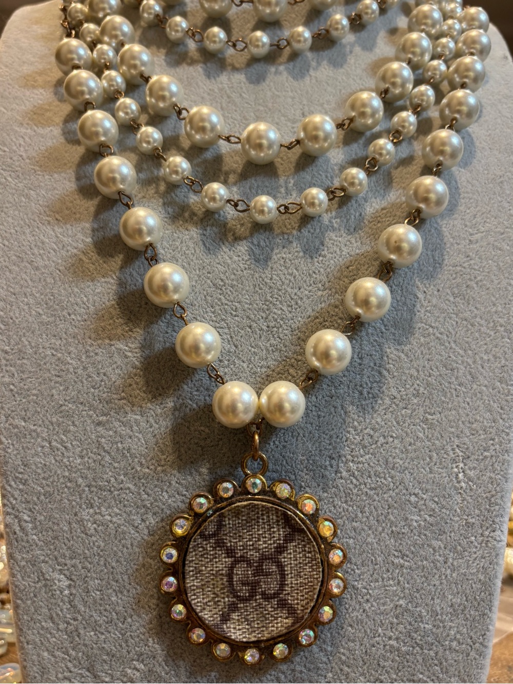 Pearl Multi-Strand Necklace with Crystal-Trimmed Logo Pendant - Ivory